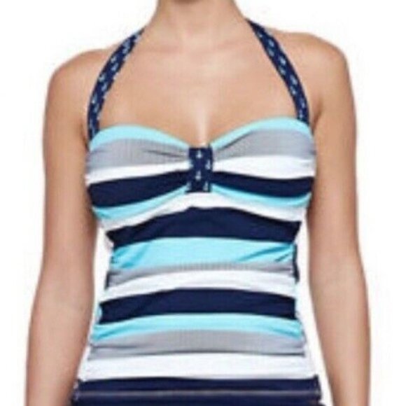 Tommy Bahama Blue Pink Stripe Halter Tankini S Rare - Picture 2 of 12
